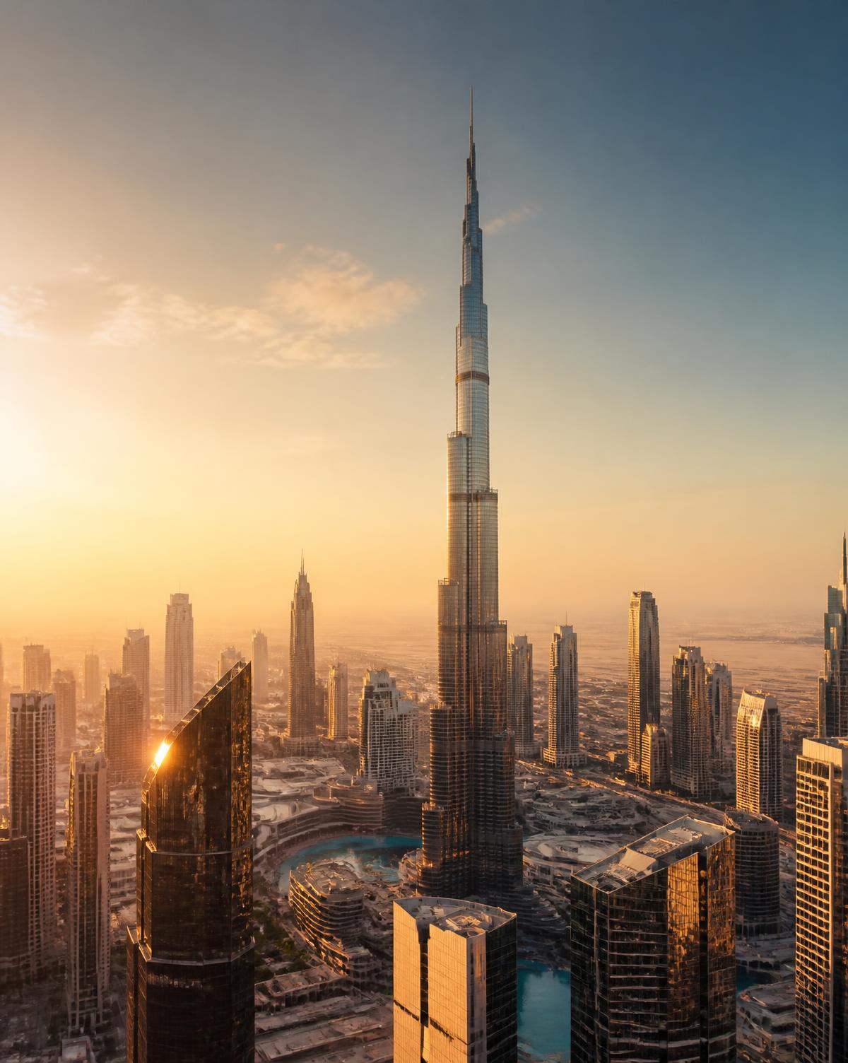 Downtown Dubai skyline with Burj Khalifa at golden hour