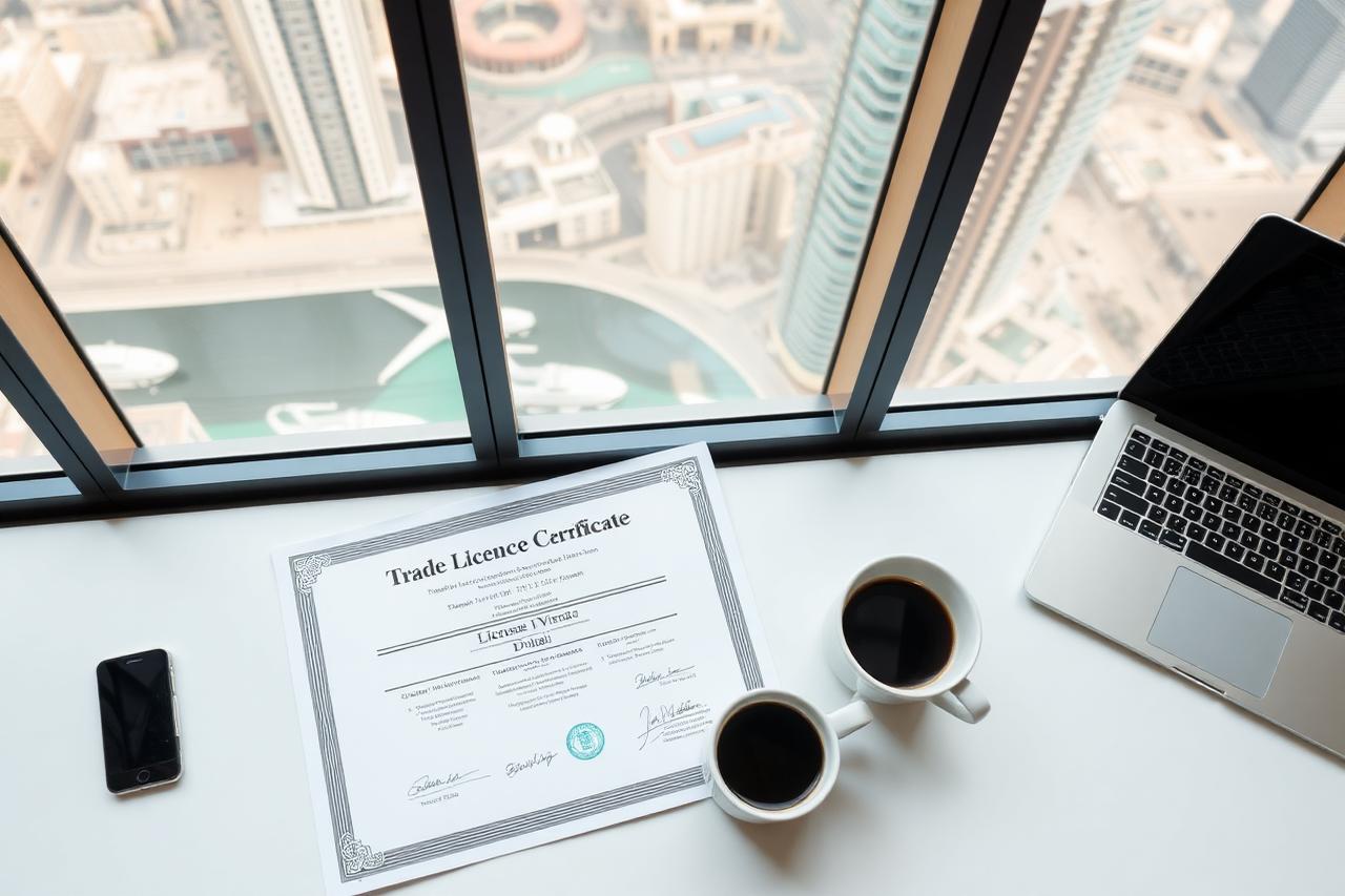 UAE trade licence certificate on a desk overlooking Dubai